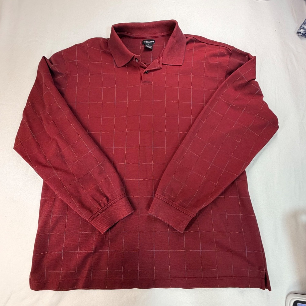Van Heusen Mens Polo Shirt Large Burgundy Windowpane Long Sleeve Cotton Blend